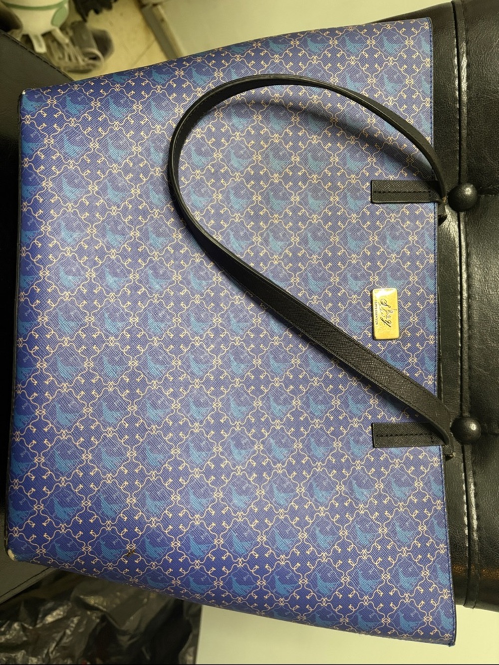 Blue Patterned Tote with Black Straps and Gold Plaque